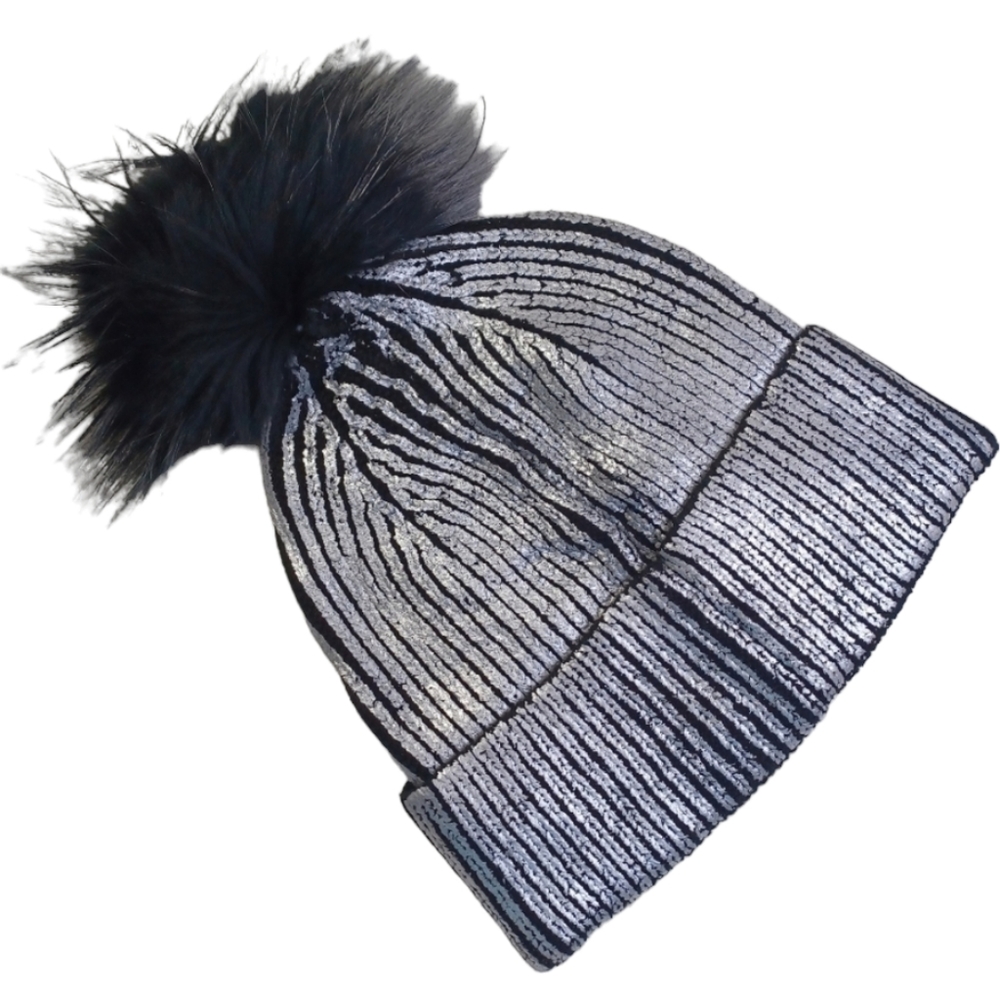 π2X HPπNWT GLAMOURPUSS NYC Embellished Metallic Knit & Fox Fur Pom-Pom Hatπ - Picture 3 of 9